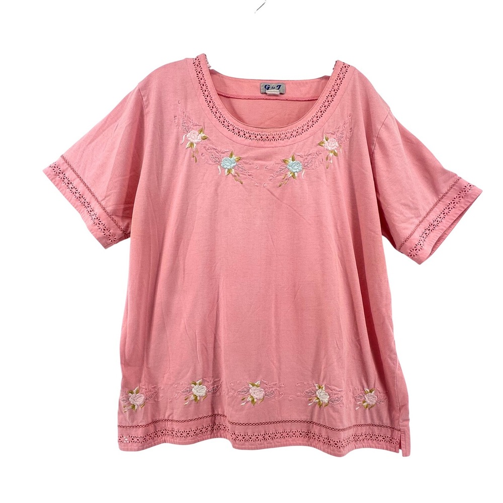G&J Pink Floral Embroidered Eyelet Lace Trim Short Sleeve Top Cottagecore XL